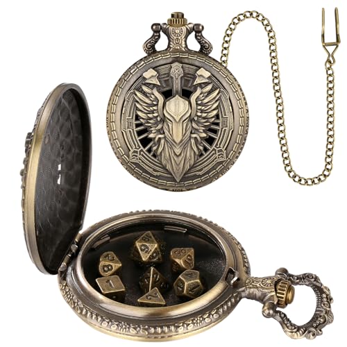 Mini DND Dice Set Steampunk Hollow Paladin Knight Warrior Pocket Watch Shell Case, 7pcs Polyhedral Metal D&D Dice Set with Gift Box, Role Playing Board Games Accessories - color: Paladin