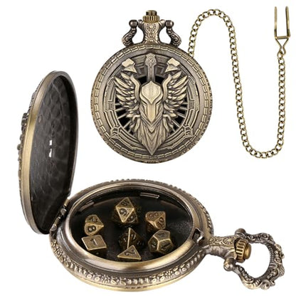 Mini DND Dice Set Steampunk Hollow Paladin Knight Warrior Pocket Watch Shell Case, 7pcs Polyhedral Metal D&D Dice Set with Gift Box, Role Playing Board Games Accessories - color: Paladin