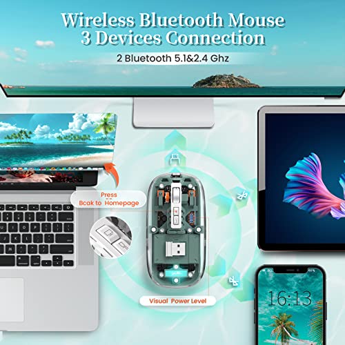 A.JAZZ Wireless Bluetooth5.1&2.4G Mini Lightweight Mouse,Transparent Clear Cool,Rechargeable Silent Computer Mice,Nano USB C Receiver,LED Battery Magic Silm for Office/PC/Mac/Laptop/Apple/ipad(Green) - color: Green