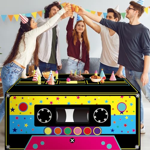 6FT 80s 90s Theme Tablecloth 90s Party Decorations Radio Cassette Player Tablecover Retro Disco Rectangle Table Cloth for Back to 80'S 90'S Hip Hop Birthday Party Decor Supplies - style: Cassette