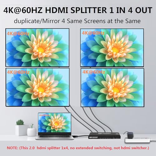 4K@60Hz 1x4 HDMI Splitter 4:4:4,18 Gbps,4 Port Powered HDMI 2.0 Splitter1 in 4 Out Support Auto Down Scaler, 4K 1080P Sync, HDR10,3D, Only Duplication/Mirror Screens (Not Extend) for HDTV/PS5 - size: 4K@60Hz 1x4 splitter