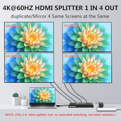 4K@60Hz 1x4 HDMI Splitter 4:4:4,18 Gbps,4 Port Powered HDMI 2.0 Splitter1 in 4 Out Support Auto Down Scaler, 4K 1080P Sync, HDR10,3D, Only Duplication/Mirror Screens (Not Extend) for HDTV/PS5 - size: 4K@60Hz 1x4 splitter