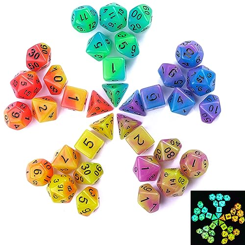 5 Sets Glow in The Dark DND Dice, 35Pcs Luminous Polyhedral Dice Set with 1 Leather Dice Bag, Glowing D&D Dice for RPG Table Games(5Sets/35Pcs Glowing Dice) - color: 5sets/35pcs Glowing Dice