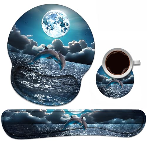 Keyboard Wrist Rest + Mouse Pad Wrist Support Set with Coasters, Non-Slip PU Base Ergonomic Mousepad for Home Office Working Studying Easy Typing & Pain Relief, Dolphin - color: Dolphin