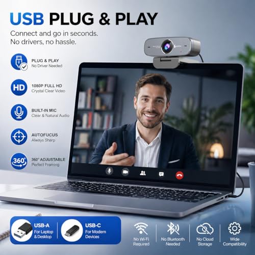 Angetube 1080P Webcam for PC Web Camera with Dual Noise-Cancelling Mics | Autofocus Plug&Play USB Computer Camera for Laptop, Desktop, PC, Mac,Ideal for Meetings/Streaming/video calls/Zoom/Teams