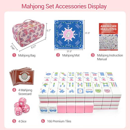American Mahjong Tile Set, 166 Tiles (1.2”), Cute Mini Mahjong Tiles- Pink | Mahjong Tile Set with Carrying Bag, Dice, Mat, Portable Travel Complete Game Set for Home Outdoor Enthusiast Gift - color: Pink