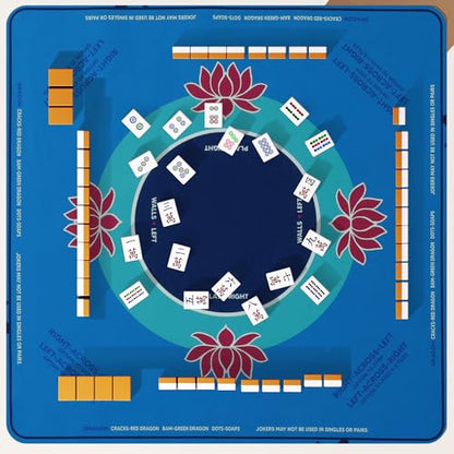 HOMBYS Elegant Lotus Mahjong Table Cloth 55x55 Inch, Square Mahjong Mat with Beginner Game Rules, Spill-Resistant Cover for Card & Tile Game Tables (Lake Blue) - color: Lake Blue
