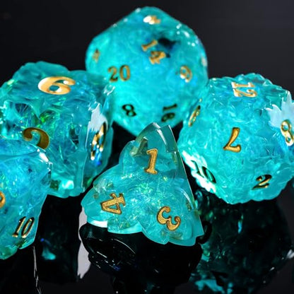 Cusdie Sharp Edge DND Dice, 7 PCS Shamrock DND Dice Set D&D D20 D12 D10 D8 D6 D4, Handcrafted Polyhedral Dice Set for RPG and Other Table Games(Cyan) - color: Cyan
