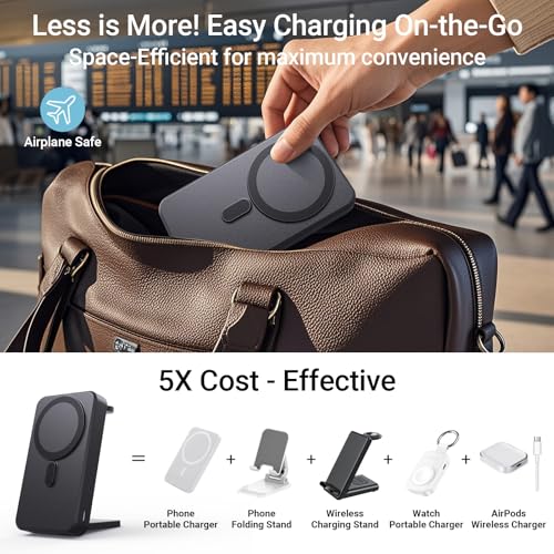Kysson 5-in-1 Portable Charger, 10000mAh Foldable Power Bank Fast Charging,MagSafe Charger Battery Pack Magnetic,Travel Wireless Charging Station for iPhone 17/16/15/14/13/12,iWatch, Air pods, Black
