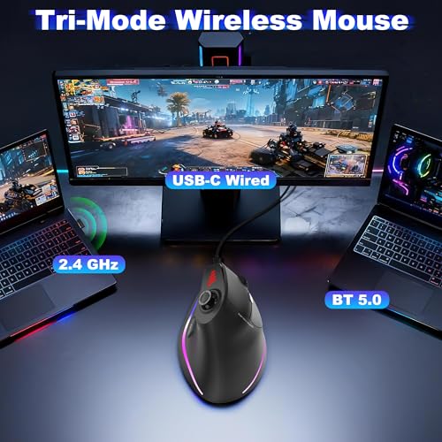 TRELC Wireless Gaming Mouse with 5 D Rocker, 24000 DPI/11 Programmable Buttons, Vertical Ergonomic Mouse for 2 Devices Connection (BT+2.4GHz), Rechargeable Mice for PC/Laptop/E-Sports/Gamer - color: Black