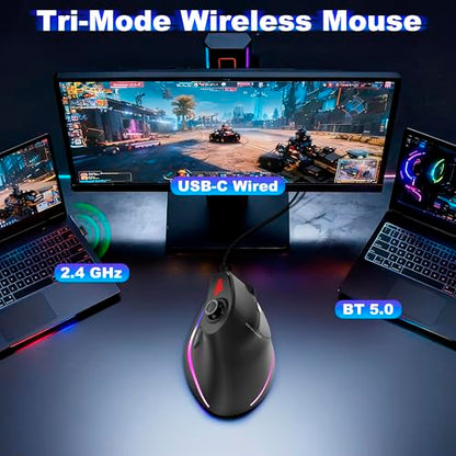 TRELC Wireless Gaming Mouse with 5 D Rocker, 24000 DPI/11 Programmable Buttons, Vertical Ergonomic Mouse for 2 Devices Connection (BT+2.4GHz), Rechargeable Mice for PC/Laptop/E-Sports/Gamer - color: Black