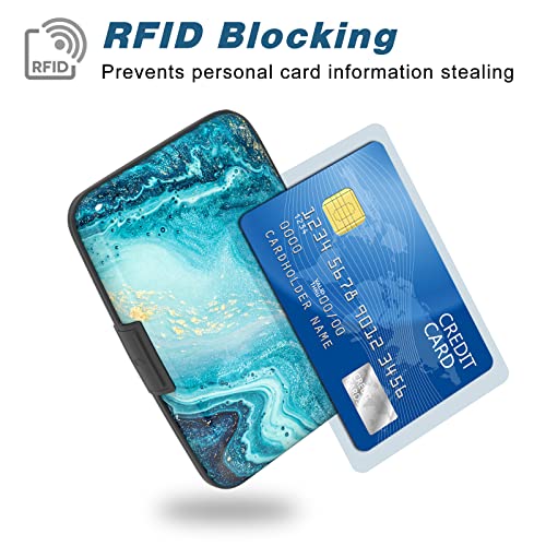 Credit Card Holder, Mini Aluminum Card Wallet RFID Blocking Slim Metal Hard Card Case for Women Men, Blue Ocean Marble - color: Blue Ocean Marble
