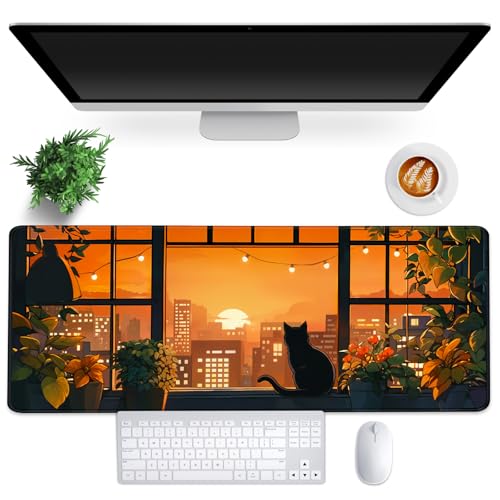 FLY SPRAY® Gaming Mouse Pad for Computer,XXL Cute Cat Mousepad Laptop,Anime Mouse Mat,Extended Large Black Japanese Waterproof Keyboard Pads,Non-Slip Mouse Pads for Game Office Home（31.5 x 11.9 in） - color: Red Black Cat