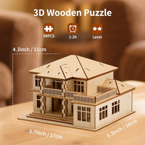 3D Wooden Puzzle for Adults, Villa Model Kit, DIY Building Puzzle | Miniature building kit, home office decor, stress relief craft, screen-free hobby, gift for friends/teens/DIY lovers - style: Two Layers