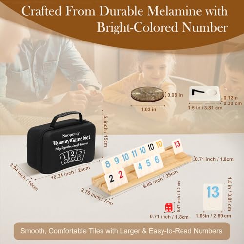 2-4 Players Rummy Game Gifts for Men Women Father Mother, Rummy Game with 4 Wooden Racks, 106 Melamine Tiles, Drawstring Bag, Portable Case, Family Board Games for Adults & Kids Age 8+