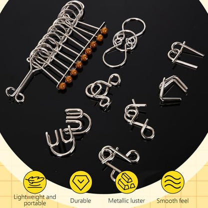 Metal Wire Puzzle Set of 8 with Pouch, Brain Teaser Puzzles IQ Test Ring Disentanglement Unlock Interlock Game Trick Metal for Party Favor Challenge (E Style) - style: E Style