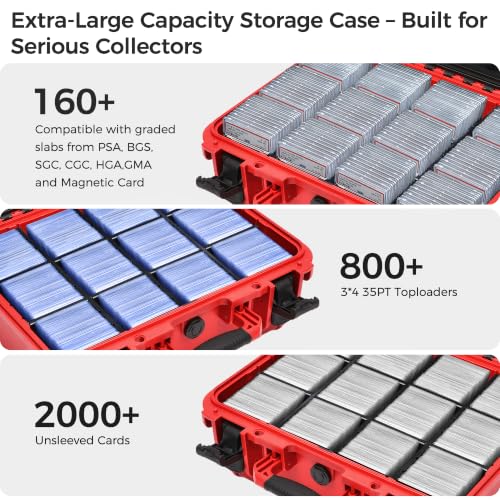 Baseball Card Storage Box, Extra Large Graded Card Case, Hard Carrying Case | Waterproof Slab Case for Graded Cards with 8 Dividers; Holds PSA, BGS, SGC, CGC, CSG Slabs, Top Loaders and Magnetic Holders. - color: Extra-Large Capacity / Black＆Red