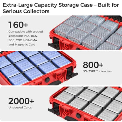 Baseball Card Storage Box, Extra Large Graded Card Case, Hard Carrying Case | Waterproof Slab Case for Graded Cards with 8 Dividers; Holds PSA, BGS, SGC, CGC, CSG Slabs, Top Loaders and Magnetic Holders. - color: Extra-Large Capacity / Black＆Red