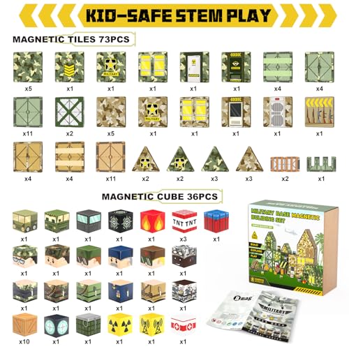 Bmag 109 PCS Military Magnetic Tiles Set, Army STEM Building Toys, Camo Printed Construction Blocks, Educational Play Gifts for Boys Girls Ages 3-12 - size: 109PCS