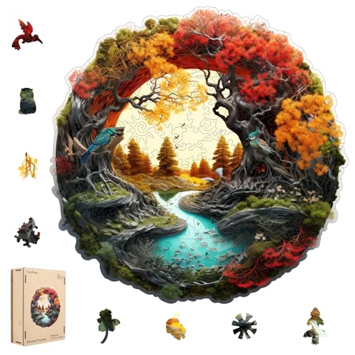 MEATRN Tree River 200 Pieces Wooden Puzzles for Adults - Autumn Landscape Jigsaw Puzzle with Colorful Trees and Flowing River, Family Night Fun, 11.2x11.1 in - color: Tree River, size: Small