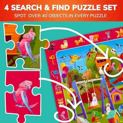 QUOKKA Puzzles for Kids Ages 4-6 - Toddler Puzzles Ages 3-5 - 4-Pack 60 Piece Search and Find Animals Jigsaw Puzzle 6-8 - Learning Toys for 3 Year Old Boys and Girls - Educational Games Gift - color: Red, Blue, Yellow, Green