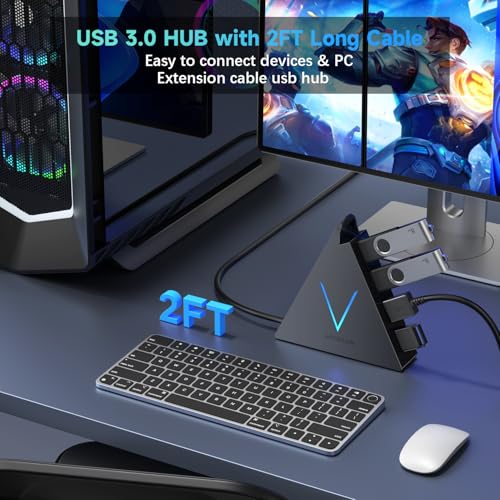 4-Port USB 3.0 Hub, FlyingVHUB USB Hub Tower with 2 ft Extended Cable,USB Splitter for Laptop,PC,PS4,PS5,Xbox,Mouse,Keyboard, Flash Drive, U-Disk (Black) - color: Black-A