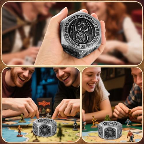 DND Polyhedral Game Dice, D&D Spinner Dice, 8-in-1 Metal Dice Set | 3D Hexagon Relief Design, D&D Spinner Dice, DND Gifts, Role Playing Board Game Accessories, with Gift Box, Dark Silver - color: Silver