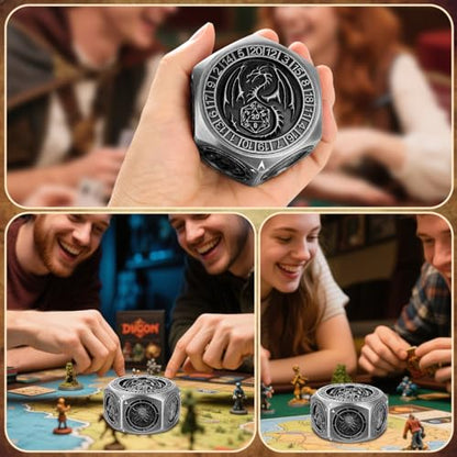 DND Polyhedral Game Dice, D&D Spinner Dice, 8-in-1 Metal Dice Set | 3D Hexagon Relief Design, D&D Spinner Dice, DND Gifts, Role Playing Board Game Accessories, with Gift Box, Dark Silver - color: Silver