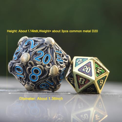Big Octopus Metal D20 Dice - Solid Antique Bronze Finish with Blue Numbers Die, for Cthulhu Mythos, Tabletop RPGs -DNDWoW BZQB - color: Antique Octopus Dice in Blue Numbers