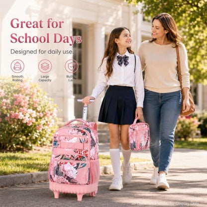 3Pcs Rolling Backpack for Girls Women, Travel Roller Backpacks with Wheels for Adults, Teens College Folwer Wheeled Bookbag with Lunch Box(Pink) - color: Flower Pink
