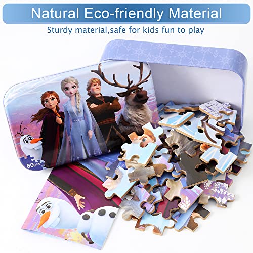 MZZOTOY Puzzles for Kids Ages 4-8, 60 Pieces Puzzles for Kids Ages 3-5 in a Metal Box Girls and Boys Learning Educational Jigsaw Puzzle Toys Gifts - color: A-frozen