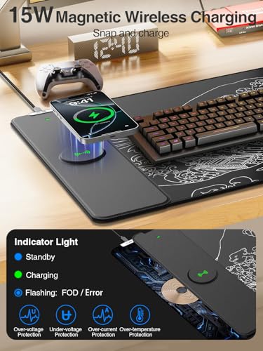 Magnetic Wireless Charging Mouse Pad, 31.5"x15.8" Large Desk Mat | Waterproof Mousepad, Smooth Glide, Stitched Edge, Non-Slip Rubber Base, Desk Pad Computer Keyboard Mat, No Adapter - color: Black-31.5"x15.8"-Mag-Sea