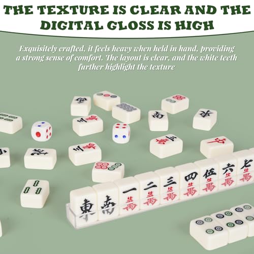 Portable Chinese Mahjong Set with 144 Mini Tiles, Travel Mahjong Game Set with 4 Clear Racks, 2 Dice & Spare Tiles, Compact Mahjong Board Game for Family, Outdoor Travel Gift (Ivory)