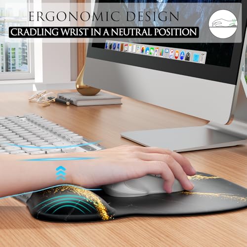 MROCO Ergonomic Mouse Pad with Gel Wrist Rest, 9.4 x 8.1 in, Black Gold | Ergonomic Shape Design, Multiple Pattern Options, Gel Wrist Comfort, Smooth Lycra Surface, Non-Slip PU Base - color: Black Gold