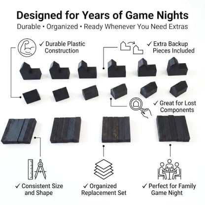 Replacement Pieces for Settlers of Catan – Roads, Settlements & Cities Set, Durable Game Tokens, Compatible with Catan Board Game Accessories, Game Pieces Plus Bonus Pieces (Black) - color: Black