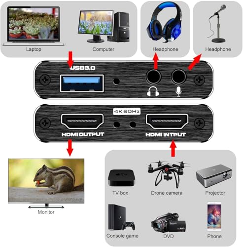 Video Capture Card, 4K HDMI Video Capture, USB 3.0 Game Capture Card, Video Capture Device Full HD 1080p 60FPS for Live Streaming, Work with PS4/PS5/Xbox/PC/Mac Linux Android Windows 10/11 - color: black