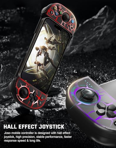 Joso Phone Controller for iPhone, Android, wireless Game Joystick with Hall Effect Joystick/Turbo, RGB Controller for iPhone 16/15/14/13/12 Series, Galaxy S24/23/S22/S21 Series Play COD Mobile & More - color: Black Crack