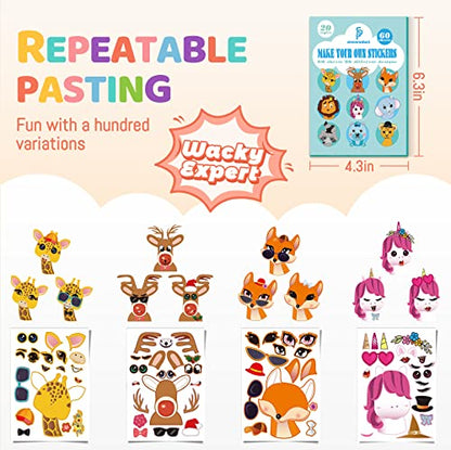 sinceroduct 60 Sheets Make a Face Stickers for Kids, Make Your Own Sticker,20 Styles Waterproof Kids Animal Stickers for Christmas, Party Favor Decoration, Gift, Reward, Travel Activities - style: Animal Style 60