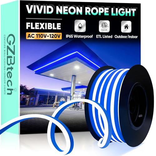 GZBtech Flexible LED Neon Rope Lights 16.4FT,AC 110-120V Waterproof Neon Strip Light, 120LEDs/M Cuttable Connectable Rope Lighting for Indoor Outdoor Home Decor/Commercial Use-Blue 5M, ETL Listed - color: Blue, size: 16.4FT
