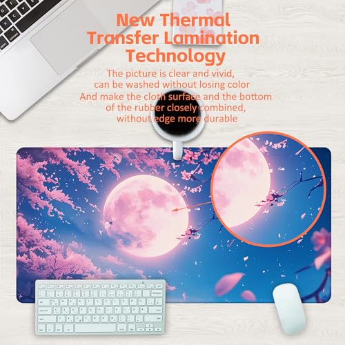 Large Gaming Mouse Pad for Desk, Falling Cherry Blossoms Desk Mat, Bright Full Moon Desk Pad, 31.5"x15.7" Extended Big Computer Keyboard Mouse Pad with Non-Slip Base and Stitched Edge - color: Falling Cherry Blossoms