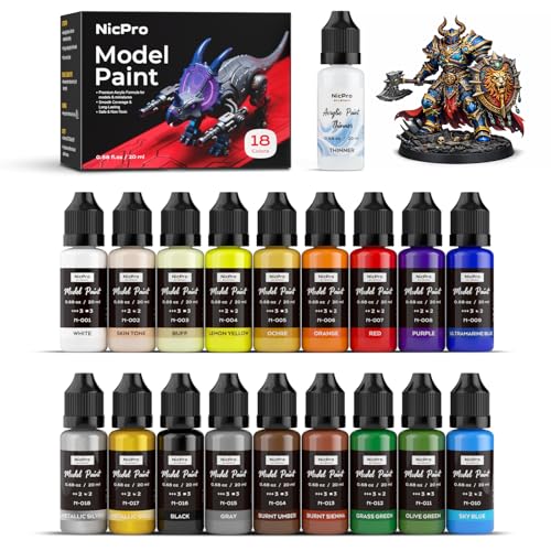 Nicpro 18 Colors Model Paint Set, 20ml Ready to Use Modeling Acrylic Paints | Brush & Airbrush Compatible, Miniature Paint Set for Beginners & Artists on Models, Figures, Crafts, Canvas, with 1 Thinner - style: 18 Colors with 1 Thinner