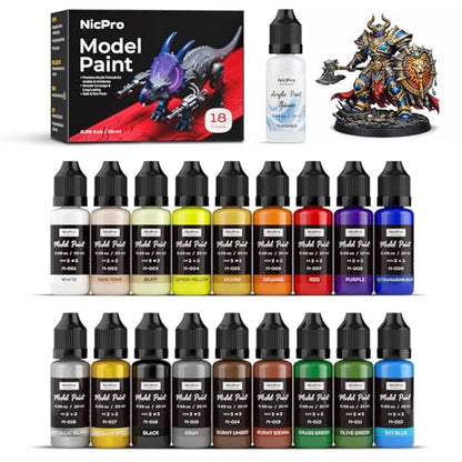 Nicpro 18 Colors Model Paint Set, 20ml Ready to Use Modeling Acrylic Paints | Brush & Airbrush Compatible, Miniature Paint Set for Beginners & Artists on Models, Figures, Crafts, Canvas, with 1 Thinner - style: 18 Colors with 1 Thinner