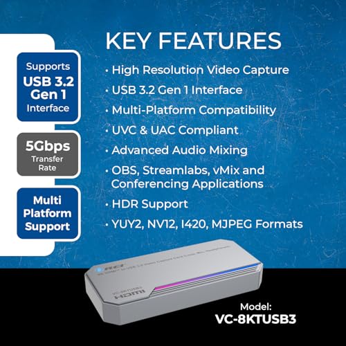 OREI 4K Capture Card for Streaming USB 3.0 Loop-Out Audio Mixing UVC/UAC HDR