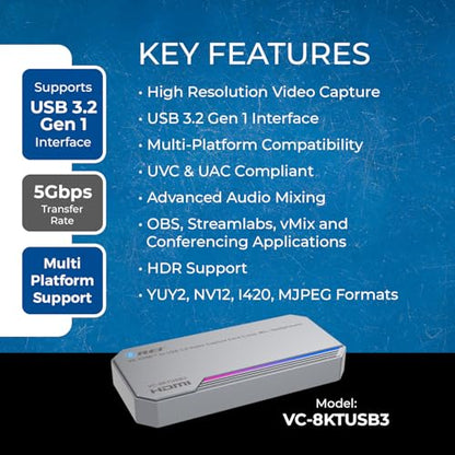 OREI 4K Capture Card for Streaming USB 3.0 Loop-Out Audio Mixing UVC/UAC HDR