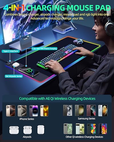 Mouse Pad with Wireless Charger, RGB Gaming Mousepad, 31.5"x15.7" Extra Large Desk Mat, 13 Light Modes, Ultra-Smooth Surface, Non-Slip Base, Waterproof Computer Keyboard Pad, Black with PD Adapter - color: RGB-31.5"x15.7"-PD Adapter