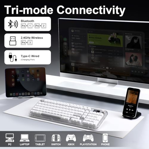 K98 Pro Wireless Keyboard,Tri-Mode Silent Creamy Keyboard | Membrane Keyboard TFT Screen, Volume Knob & Number Pad, RGB Backlit Computer Mechanical Feel Keyboard for Game/Office(White) - color: White