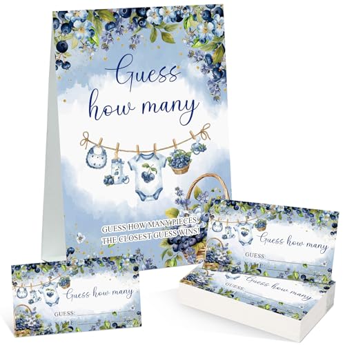 Blueberry Guess How Many Baby Shower Game Pack of 1 Tabletop Sign with Stand and 50 How Many Cards, a Berry Sweet Baby Is on the Way Gender Reveal Party Game Decoration - style: Blueberry