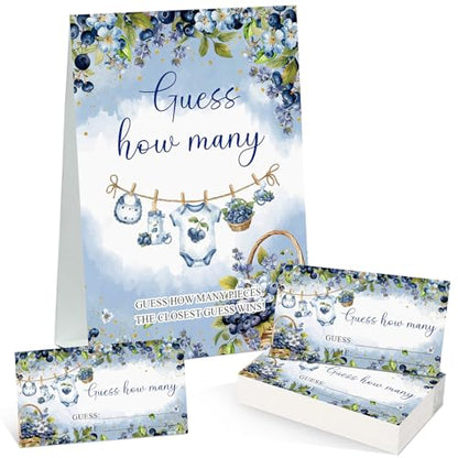 Blueberry Guess How Many Baby Shower Game Pack of 1 Tabletop Sign with Stand and 50 How Many Cards, a Berry Sweet Baby Is on the Way Gender Reveal Party Game Decoration - style: Blueberry