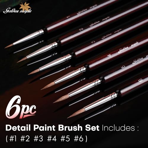 Professional Sable Hair Detail Paint Brush Set - 6 Miniature Art Brushes for Fine Detailing & Art Painting - Acrylic, Watercolor, Oil - Miniatures, Models, Red - color: Red