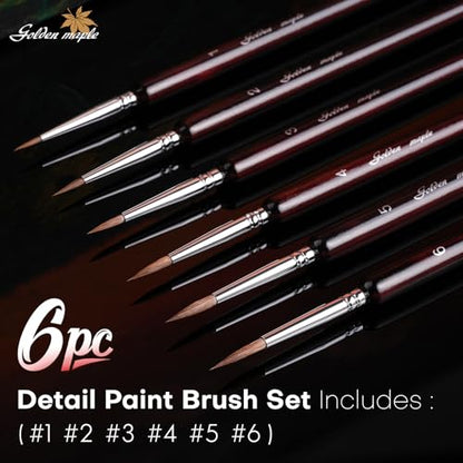 Professional Sable Hair Detail Paint Brush Set - 6 Miniature Art Brushes for Fine Detailing & Art Painting - Acrylic, Watercolor, Oil - Miniatures, Models, Red - color: Red